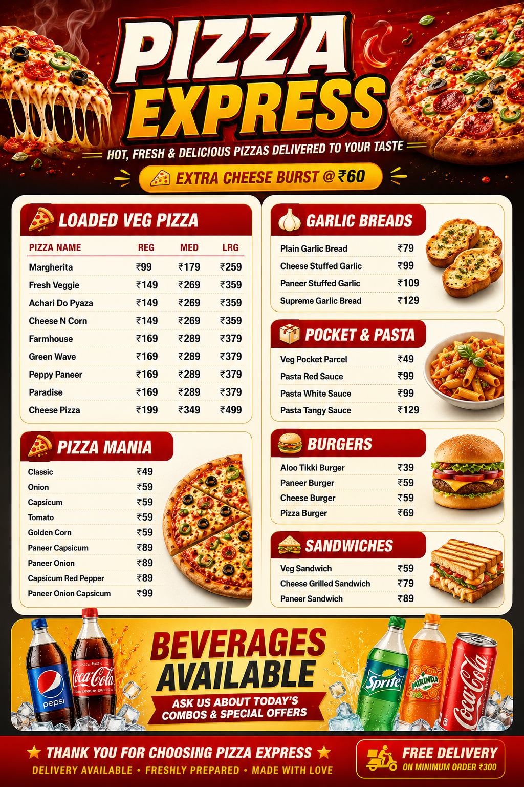 Pizza Express Official Printed Price Card